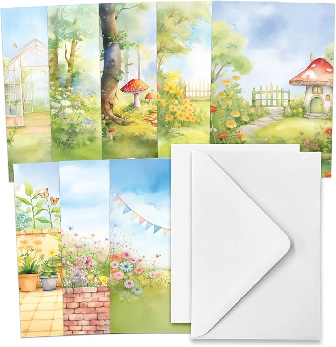 Katy Sue The Garden Gnomes Card Making Kit. Makes 8 Cards at 5 x 7 Inches. Contains Gnome Die-Cut Decoupage, Background Scenes, Cards, Envelopes & Foam Pads for Card Making Supplies. UK-Made.