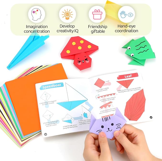 IOOLEEM Origami Paper Kit, 500 Sheets 20 Colors, Double Sided Colored Blank Folding Paper Set with Step-by-Step Instructions, Origami Kit for Art & Craft Supplies