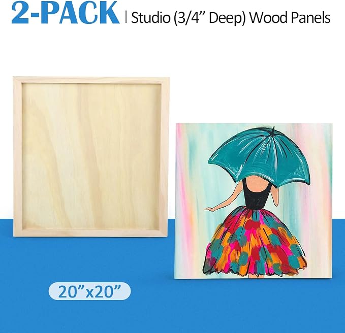 Falling in Art 2 Pack 20x20 Unfinished Birch Wood Panels Kit for Painting | Studio 3/4’’ Deep Wood Canvas, Cradle Boards for Acrylic Pouring, Art, Crafts, Epoxy Resin, Laser Engraving Cutting