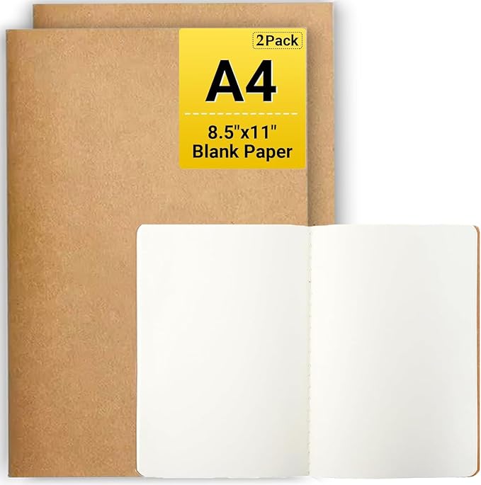 FOVGOTAN 2 Pack Blank Kraft Notebooks Set,（8" x 11" 60 Pages Journals Notebook Bulk, Unlined Composition Notebook for Kids, Student, Sketchbooks