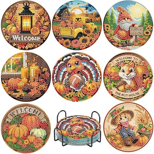 8 Pcs Fall Diamond Art Coasters Kits, Diamond Painting Coasters Kits ﻿ ﻿