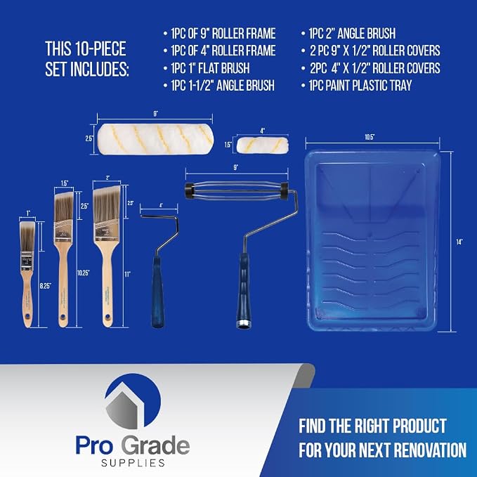Pro Grade Paint Roller Kit, Paint Brushes, 4" & 9" Roller Covers for Walls | 10-piece set includes 2 frames & tray | Interior & exterior | Ceilings & trim | Smooth to semi-rough surfaces