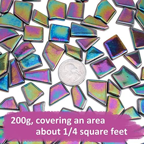 Youway Style Iridescent Glass Mosaic Tiles for Crafts Bulk,200g Black Stained Glass Mosaic Supplies,Broken Mosaic Pieces for Garden Kit Crafts,DIY Mosaic Art Decor (Pack of 4)