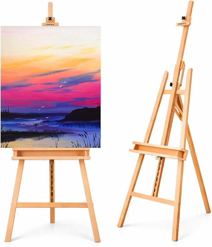 Adjustable Beechwood A-Frame Studio Easel with Storage Tray, Natural