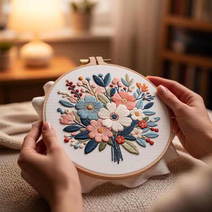 Embroidery Kit for Beginners & Adults Starter Kit, Cross Stitch Kits,DIY Hand Embroidery Needlepoint Set with Hoop, Pre-Printed Fabric, Threads and Instructions (Flower-4)