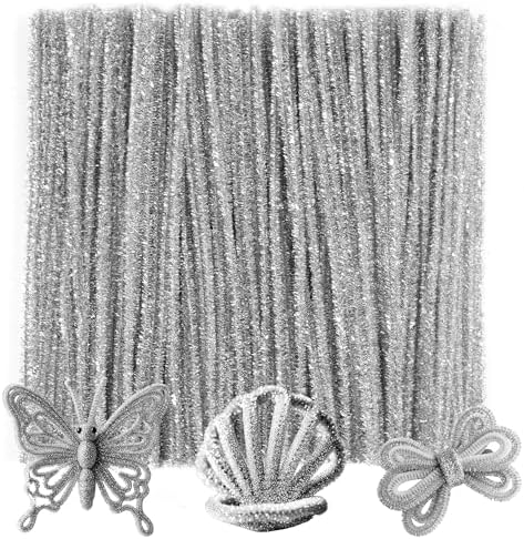 Caydo 200 Pieces Glitter Silver Pipe Cleaners, Thick Fluffy Chenille Stems, Pipe Cleaner Crafts for Arts & Crafts, Perfect for Making Animals, Flowers, and Festive Decorations