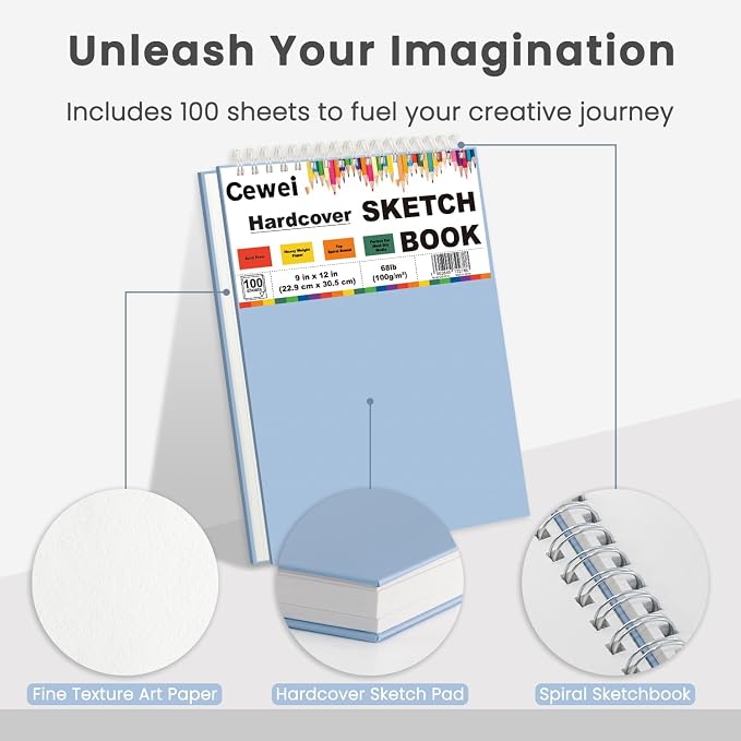 Cewei Drawing Pad 9x12, 100 Sheets Hardcover Spiral Bound, 68lb/100gsm White Paper Drawing Pad for Kids.