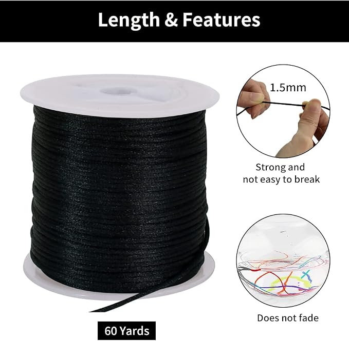 TONIFUL Nylon String Satin Cord for Necklace Bracelet Beading 1.5mm Black | 50yd Non elastic durable non fading, for Jewelry Making Thread Rattail Macrame Trim Kumihimo Chinese Knot Craft Tags Hanging