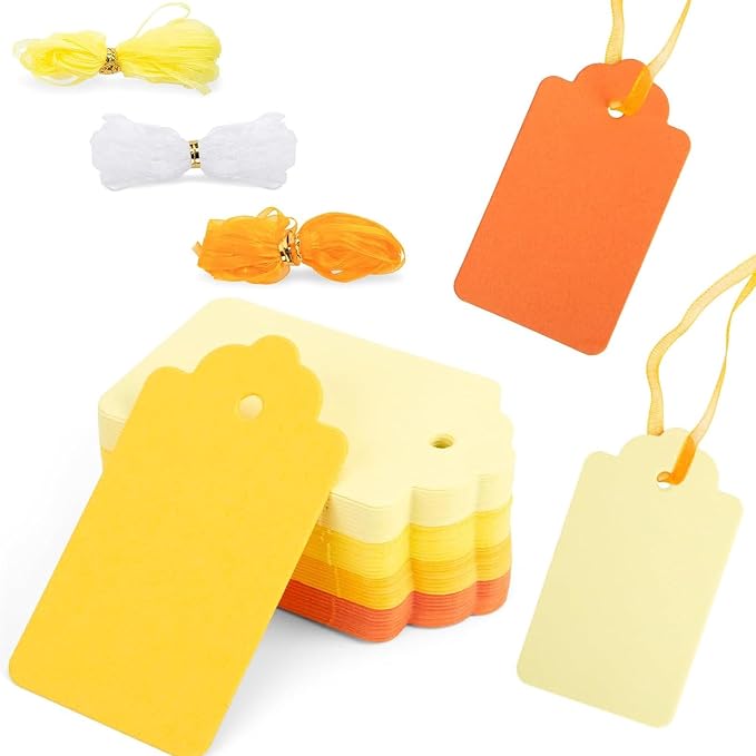 SallyFashion 100PCS Yellow Orange Gift Tags with Organza Ribbons | Four Gradient Colors and Three Matching Ribbon Rolls Suit Fall Gifts and Themed Parties