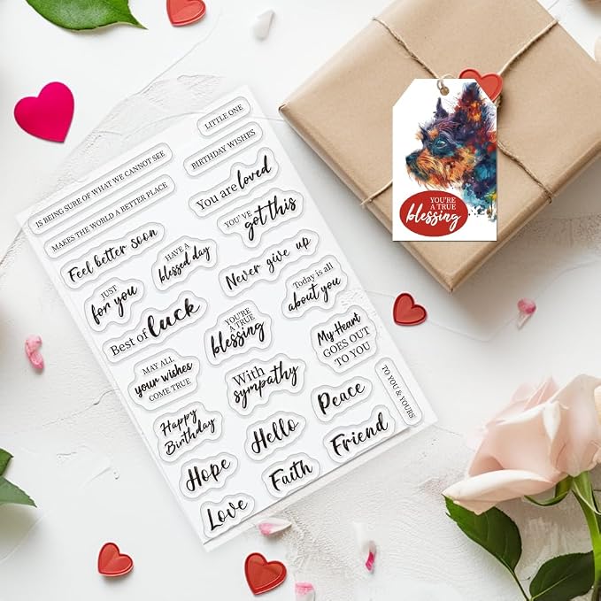 Sentiments Clear Stamps and Metal Cutting Dies for Card Making Greeting Words Silicone Stamp and Die Cuts Set Blessing Words Transparent Stamps for DIY Scrapbooking Paper Craft Supplies