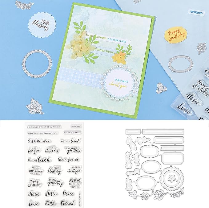 Sentiments Clear Stamps and Metal Cutting Dies for Card Making Greeting Words Silicone Stamp and Die Cuts Set Blessing Words Transparent Stamps for DIY Scrapbooking Paper Craft Supplies