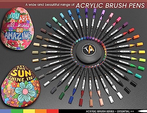 TOOLI-ART 36 Flexible Brush Tip Acrylic Paint Pens Markers Set 1-7mm Line for Rock Painting, Glass, Mugs, Wood, Metal, Canvas, Plastic. Non Toxic Waterbased Quick Drying