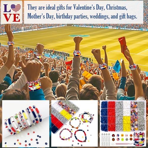 MIIIM Sports Clay Beads Kit for Bracelets Making, Football Heishi Beads, 4th of July Beads Clay Charms and Silver Spacers for Jewelry Making, Friendship Bracelet Kit for Crafts, Concert, Raves