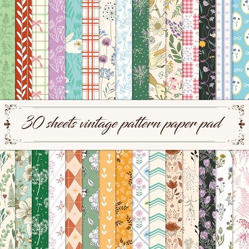 30 Sheets Vintage Style Paper Pad, Double-Sided Scrapbook Paper Retro Design with Flowers, Plants & Stripes, Decorative Scrapbooking Supplies For Card Making, Album, Stamping, Background Decoupage