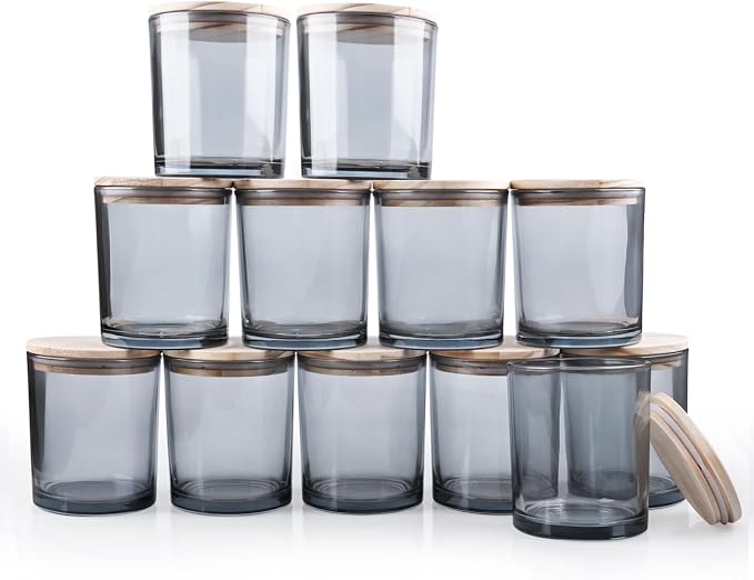 SHOWIN 14 OZ Thick Candle Jars for Making Candles 12 Pcs, 3 Wick Empty Jars with Wood Lids for Candle Making, Sample Container,Clear Grey
