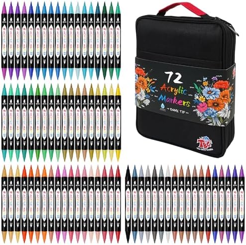 TBC The Best Crafts Acrylic Paint Markers, 72 Colors Dual Tip, Double Zipper Canvas Bag – Waterproof, Non-Toxic, Art Supplies for Canvas, Wood, Glass, Rock, Ceramic – Gift for Artists & Hobbyists