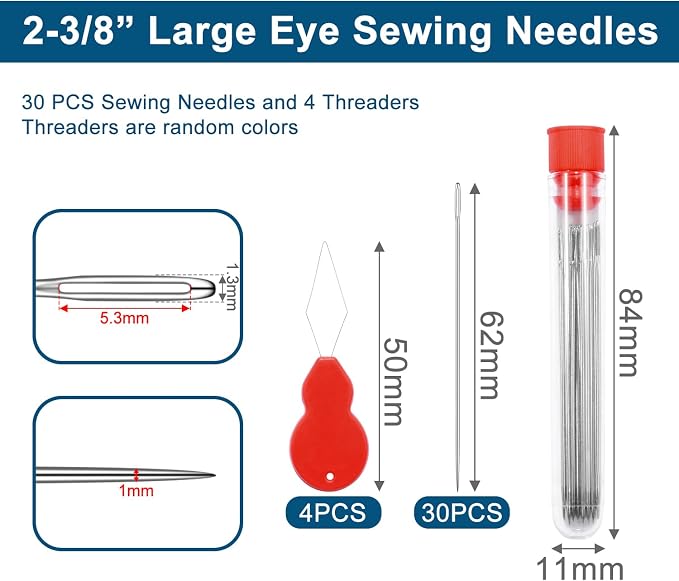 30pcs 2-3/8" Large Eye Sewing Needles for Crafts, Embroidery Needle Threader for Leather Cross Stitch Needle Darning Tapestry Quilting Needlepoint Needles Sewing Supplies Accessories