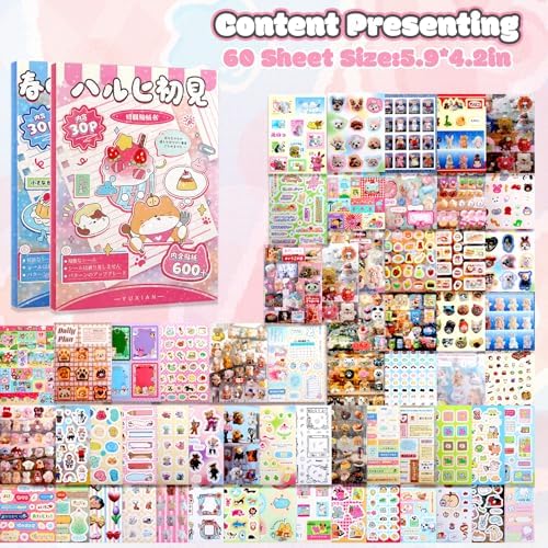 60 Sheets Japanese Sticker Book 1300+ Cartoon Animal Scrapbook Journal Stickers Cute Korean Stickers for Journaling Scrapbooking Supplies Kawaii Vintage Sticker for Kids Adult DIYCosmtic Books