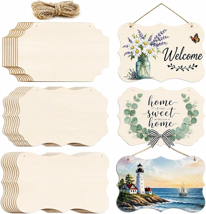 FSWCCK 24 Pieces Unfinished Hanging Wood Sign Blank with Ropes, Rectangle Blank Wood Sign Plain Hanging Craft Door Signs Wall Art Farmhouse Wooden Sign for Door Wall Art Decoration (3 Style)