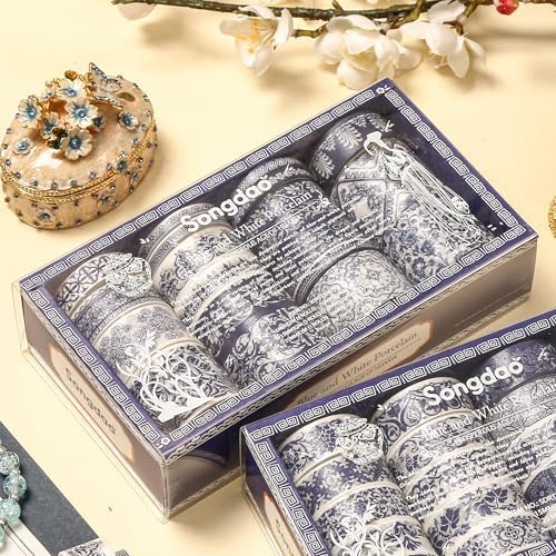 Blue & White Porcelain Washi Tape Set, Traditional Chinese Ceramic Pattern Decorative Masking Tapes, Oriental Art for Craft, Scrapbook, DIY, Gift Wrapping (2-Echoes of Blue/19 Rolls)