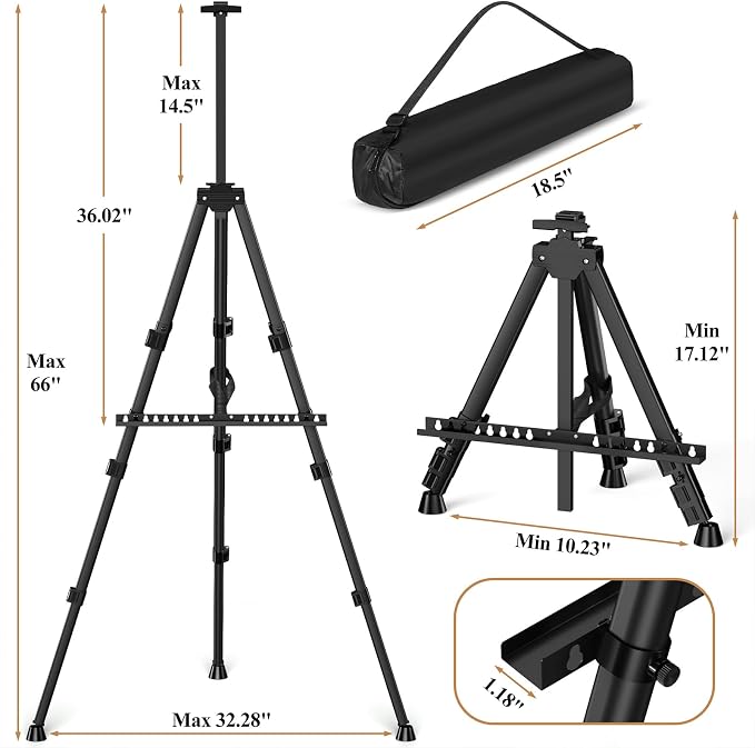 Art Painting Tripod Easel Stands, Portable Adjustable Display Artist Easels | Black Metal Stands with 3 Bags for Tabletop/Floor Painting, Height from 17 to 66 inches for Drawing, Displaying - 3 pack
