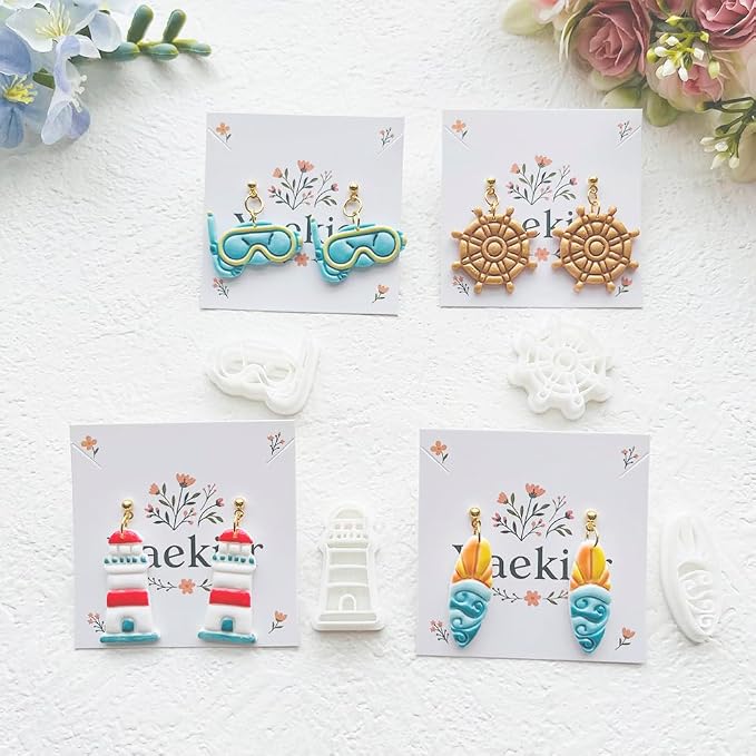 Nautical & Summer Fun Polymer Clay Cutters Set - 9pcs Coastal Shapes Including Lighthouse, Anchor, Ship Wheel, Ice Cream & Sunglasses for DIY Earring Jewelry, Soft Clay Crafts & Scrapbooking