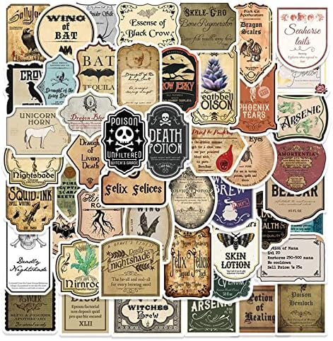 50 Pcs Potion Label Stickers Retro Aesthetic Party for Water Bottle Laptop Skateboard Luggage Guitar Car Motorcycle Bike Vinyl Waterproof Apothecary Sticker Pack Suitable