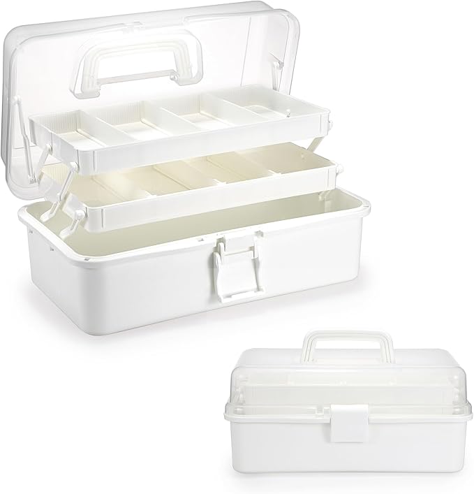BTSKY 3-Layer Plastic Dividing Storage Box Craft Organizer and Storage | Portable Handled Art Supply Organizer with Adjustable Spacers Multipurpose Home Utility Box for Medicine Sewing(Beige White)
