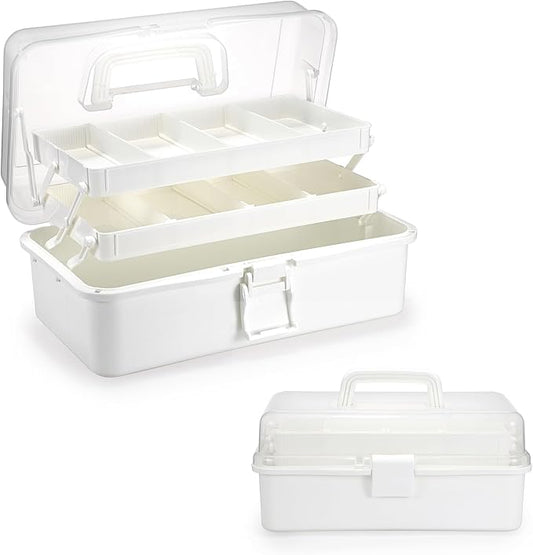 BTSKY 3-Layer Plastic Dividing Storage Box Craft Organizer and Storage | Portable Handled Art Supply Organizer with Adjustable Spacers Multipurpose Home Utility Box for Medicine Sewing(Beige White)