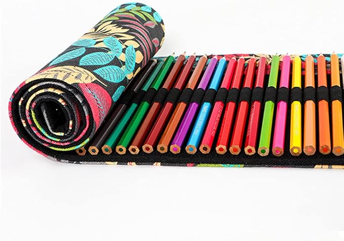 DIYOMR 24/36/72 Slots Pencil Wrap Pencil Rolls, Artist Colored Pencils Roll Up Bag Short Brushes Pouch Case Pencils Organizer for Drawing Coloring and Sketching,No Pencils (Colorful Leaves, 24slots)