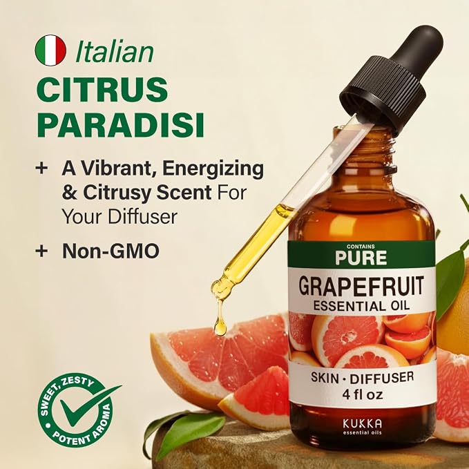 Kukka 100% Pure Grapefruit Essential Oil for Skin, Diffuser, 4 Fl Oz | Undiluted Grapefruit Oil for Uplifting Diffuser Blends, Scalp & Skin Care, Massage & DIY Soap Making