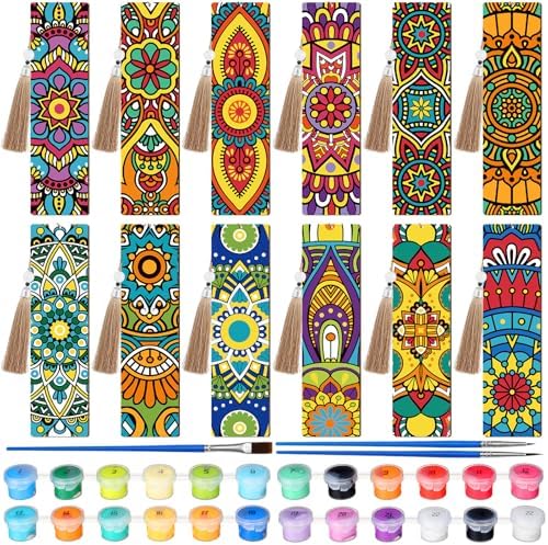 Kosiz 12 Pcs Mandala Paint by Number Kit for Adult Wood Bookmark | Mini Flower Paint by Numbers Kit, Painting Decor, Floral Tassels Blank Bookmarks, for Small DIY Craft Book Lovers Gift 7x2 ''