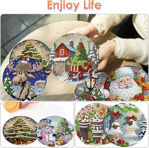 ijbnhd 8 PCS Christmas Diamond Art Coasters Kit 4X4inch (Cork Wooden Pad)