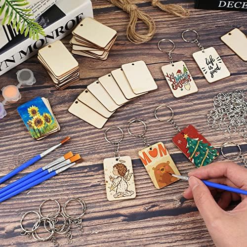 50Pcs Blank Rectangle Wooden Keychain Set, Unfinished Wood Slices with 50Pcs Key Rings, with Jute Rope Wood Keychain Key Tags for DIY Craft Supplies