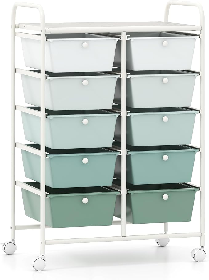 Giantex 10 Drawers Rolling Cart, Classroom Organizers, Storage Cart with Wheels, for Teacher Office Home School Supplies Tool Craft Art Paper, Green Gradient