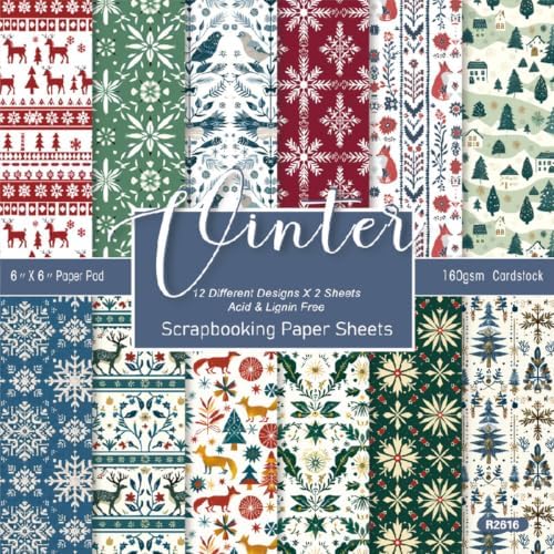 24 Sheets Christmas Scrapbooking Paper Pad - 6inch Patterns Designed Supplies for Valentine Christmas DIY Crafts Cardstock Material Journals Collage Diary Gift Folded Wrapping
