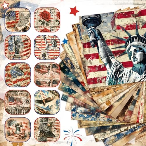 HunnmingRe 20 Pcs 10''x10'' Vintage Patriotic Quilting Fabric Square 4th of July Precut Quilted Fabric Bundle American Flag USA Patchwork Supplies for 250th Veteran Handmade DIY Craft Sewing Material