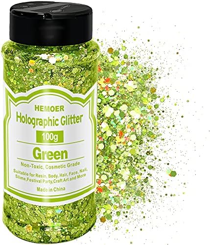 HEMOER Green Glitter, 100g/3.5oz Holographic Chunky Glitter Mixed Hexagon Chunky & Fine Flakes Iridescent Sequins for Epoxy Crafts, Resin, Nail Body, Tumblers, Party Decoration