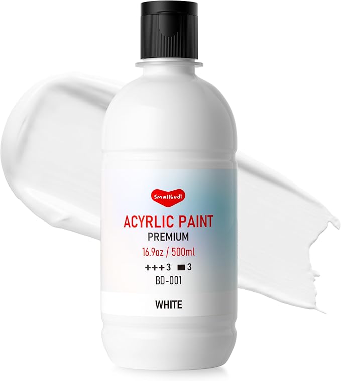 Smallbudi White Acrylic Paint, 16.9 oz/500 ml Large Bulk White Paint | Non Toxic Acrylic Craft Paint for Canvas, Wood, Rock, Ceramic, Fabric Crafts, Pumpkin, DIY Art Supplies for Kids & Adults