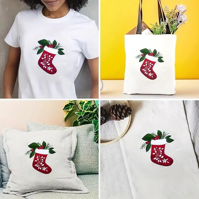 Zhenqing Christmas Stocking Embroidery Kit for Beginners, Red Stocking Needlework Kit with Pre-Printed Fabric, Hoop, Threads & Tools (C0035)