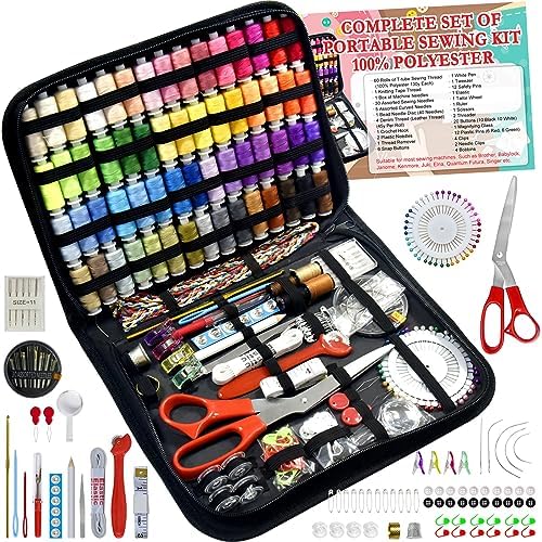 Sewing Kit with Case Portable Sewing Supplies for Home Traveler, Adults, Beginner, Emergency, Contains 60 Sewing Thread, Scissors, Needles, Measure etc
