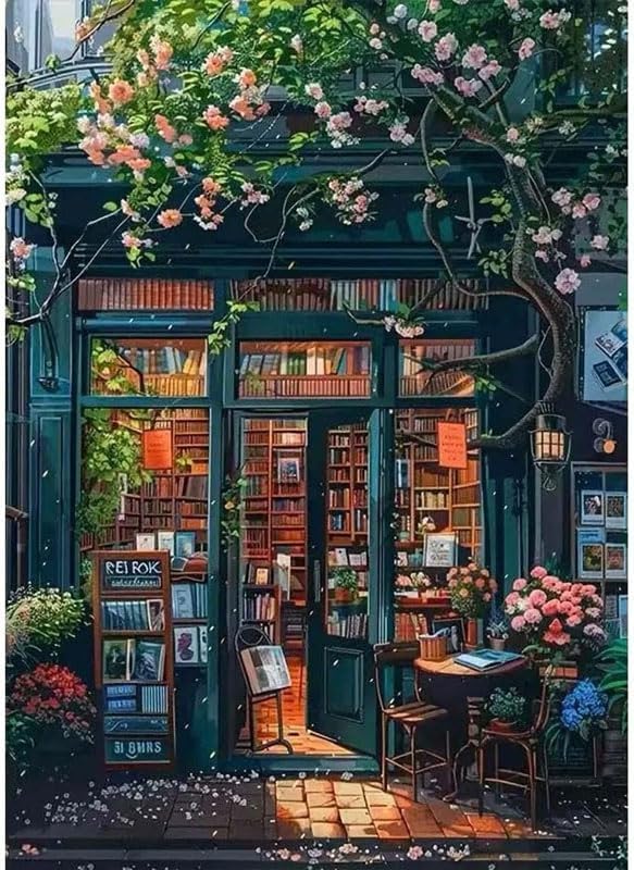 OJTOYART Paint by Numbers Kit for Adults,Bookstore Painting by Numbers for Beginner, DIY Acrylic Watercolor Oil Colorful Painting by Number Without Frame for Home Wall Decor 16 x 20 inch