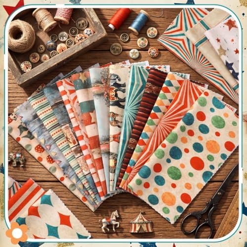 HunnmingRe 20 Pcs 10''x10'' Vintage Carnival Quilting Fabric Square Precuts Quilted Fabric Bundle Circus Clowns Printed Sewing Material for Halloween Xmas Patchwork Scrapbook Junk Journal DIY Craft
