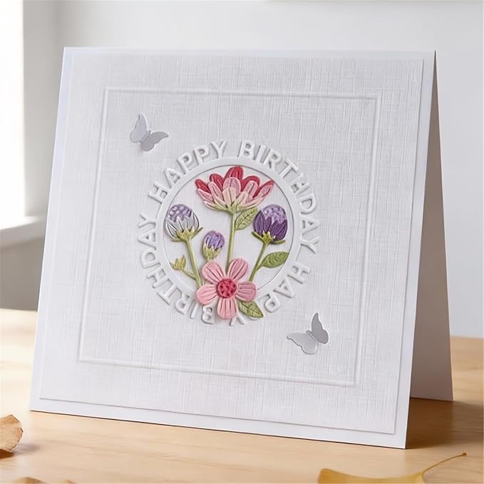 Scrapbooking Die-Cuts, Happy Birthday Ballon Metal Cutting Dies for Card Making, Paper Craft Template, Background Embossing Stencils, DIY Album Décor (Circle Happy Birthday Flower-11x7.8cm)