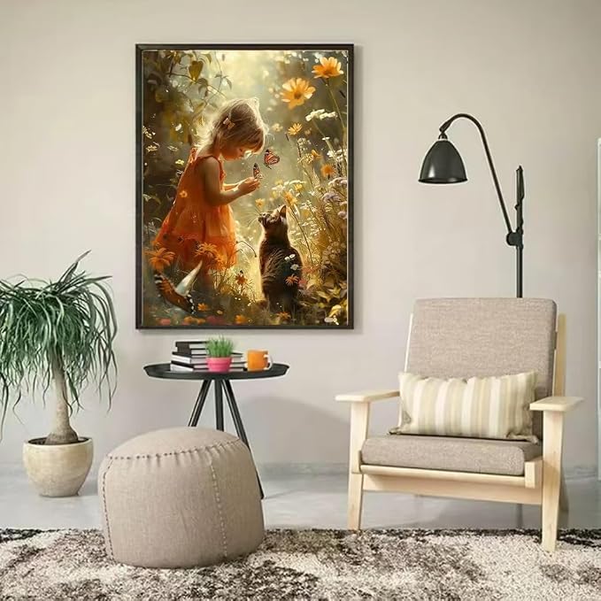 YUXUANKANG Diamond Painting Kit, Girl with Butterfly and Cat in Flower Garden, Fantasy Nature Scene 12X16inch