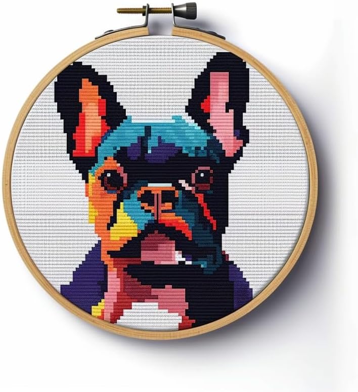 11CT Easy Starter Cross Stitch Kit for Adults Stamped Embroidery Kit with Pre-Printed Fabric Color Threads Needles DIY Needlework Craft Kit French Bulldog 35x35cm(J176)