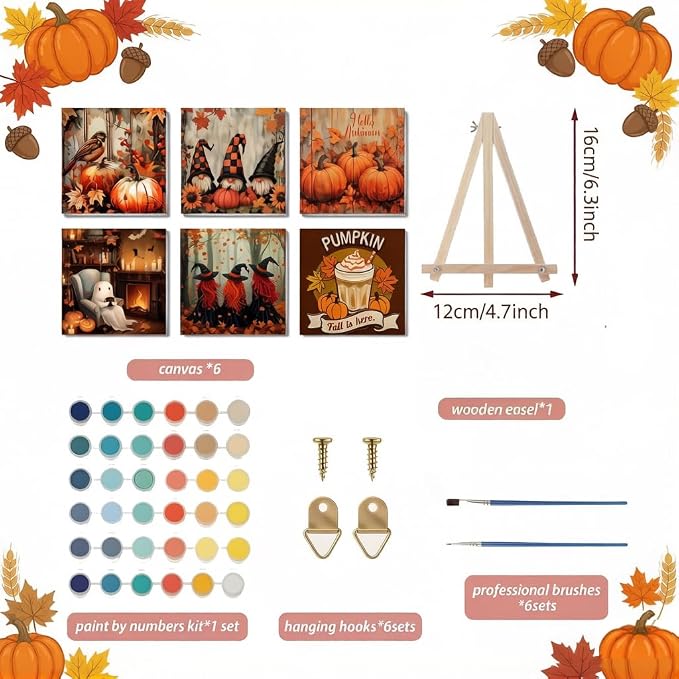 LWZAYS 6 Pack Fall Paint by Numbers Kit for Adults with Frame, Easy Autumn Paint by Number for Adults Beginner with Wooden Easel, DIY Painting by Numbers Canvas Framed for Home Decor 8 x 8 Inch