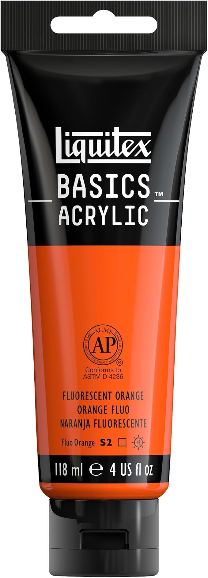 Liquitex BASICS Acrylic Paint, 4-oz Tube, Fluorescent Orange | Medium Viscosity, Satin Finish, Lightfast, Fine Art Pigments, Range of Opacities, Easy Blending