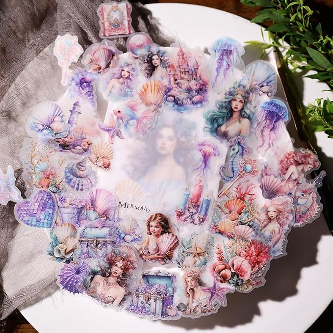 CATaireen Vintage Junk Journal Ephemera Scrapbooking Supplies Translucent Vellum Paper Stickers Card Making Decal Art Aesthetic for Adults (Character Mermaid)