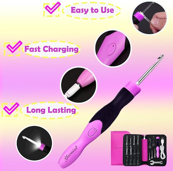Yarniss 17 Size Lighted Crochet Hooks Set with USB Recharger 2.5~14.0 mm